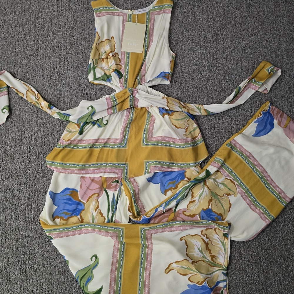 SABO Pip Jumpsuit XS NWT Floral Wide Leg Cutout Tie Waist Boho Resort